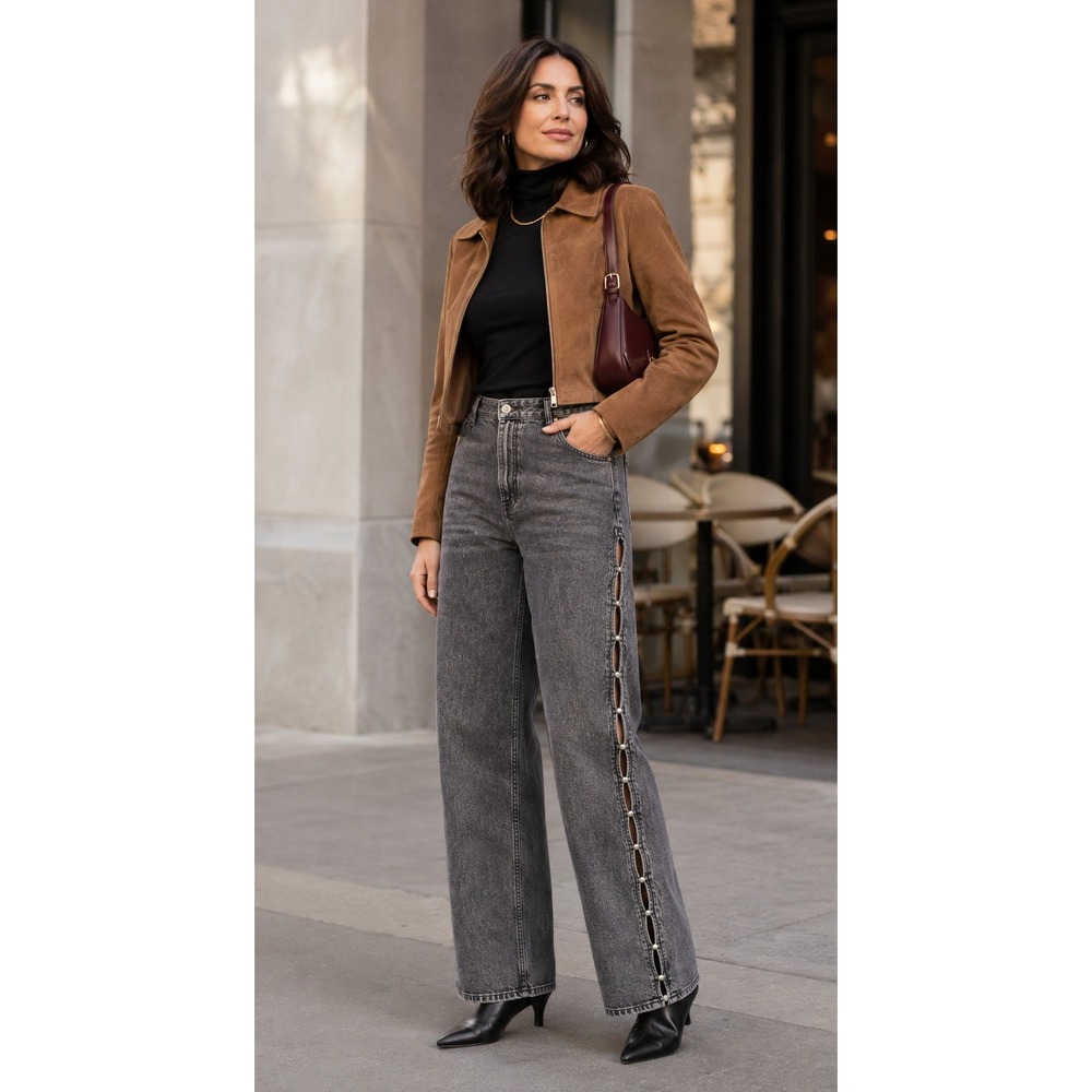 NWT Ret $595 Maje Wide Leg Jeans Grey Pearl Cut-Out High Waisted Size 36 US 4